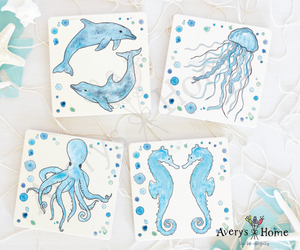 Ocean Animals with Dolphin Absorbent Stone Coaster Set of 12