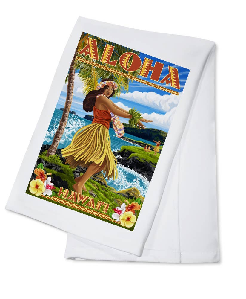 ORGANIC TEA TOWEL Hawaii, Aloha, Hula Girl on Coast